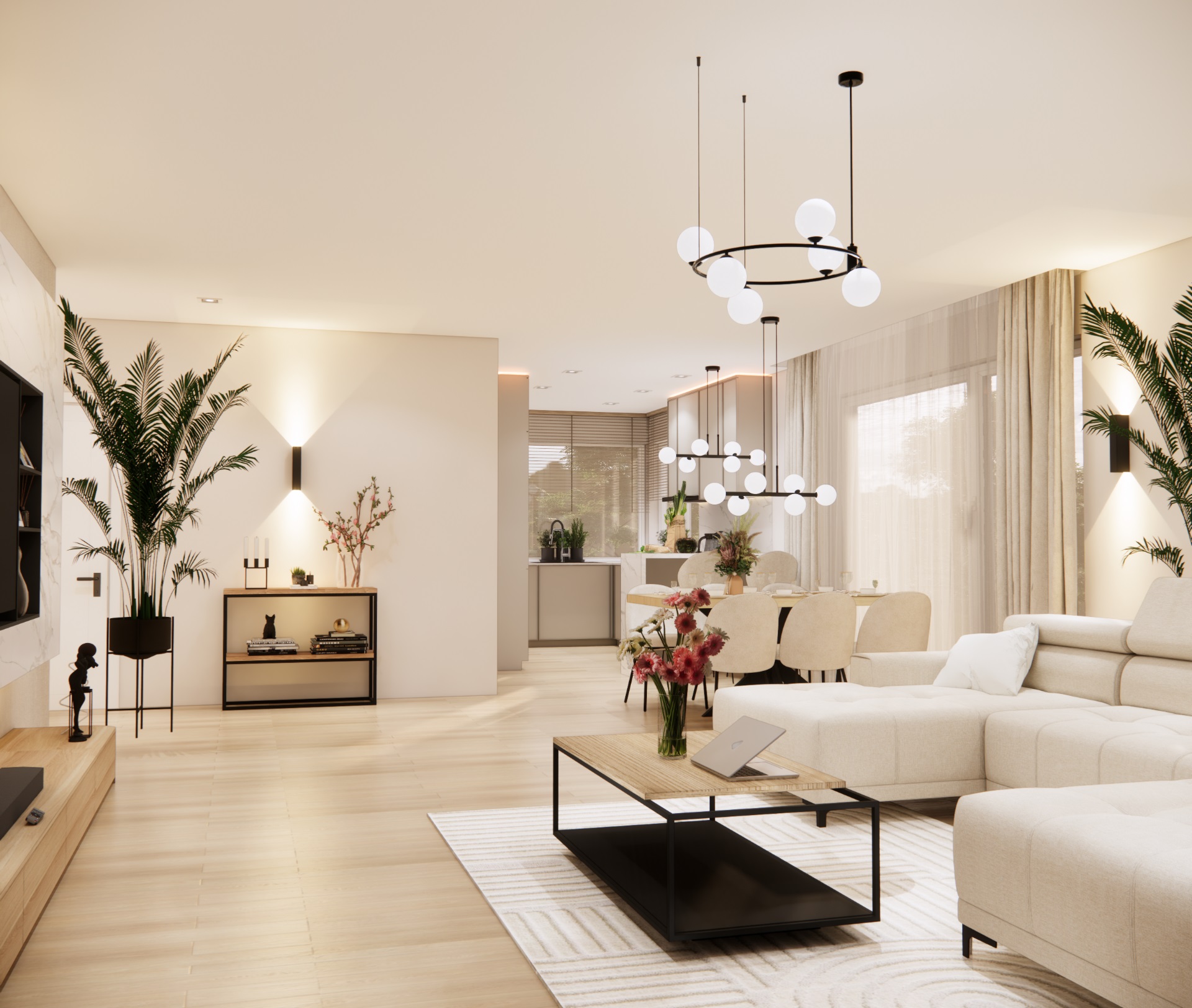  Nowoczesna aranżacja strefy dziennej łączącej salon, jadalnię i kuchnię w otwartym wnętrzu